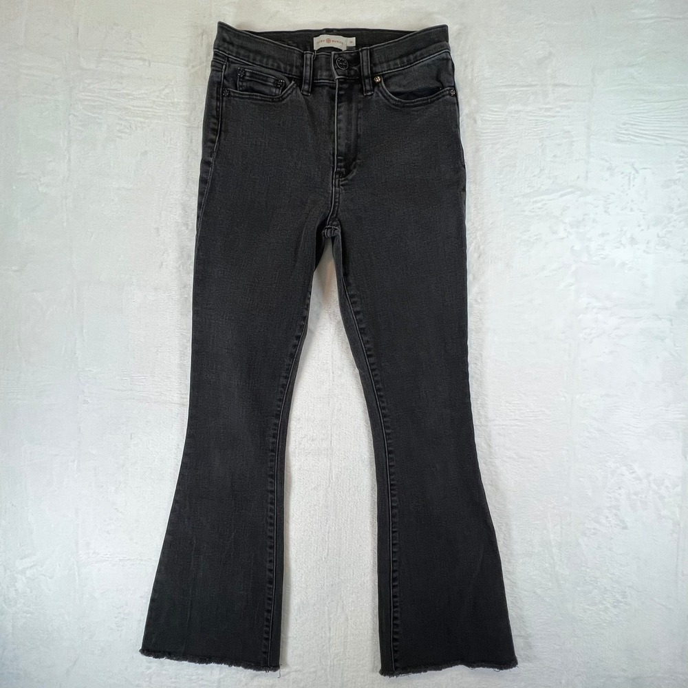 Tory Burch Flare Jeans Womens 25 Black Mid‎ Rise Raw Hem Faded Denim 42235